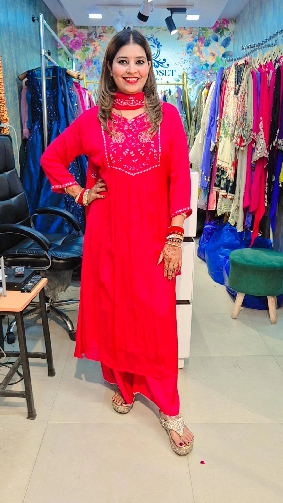 "Bright Pink "Embroidered Anarkali Suit