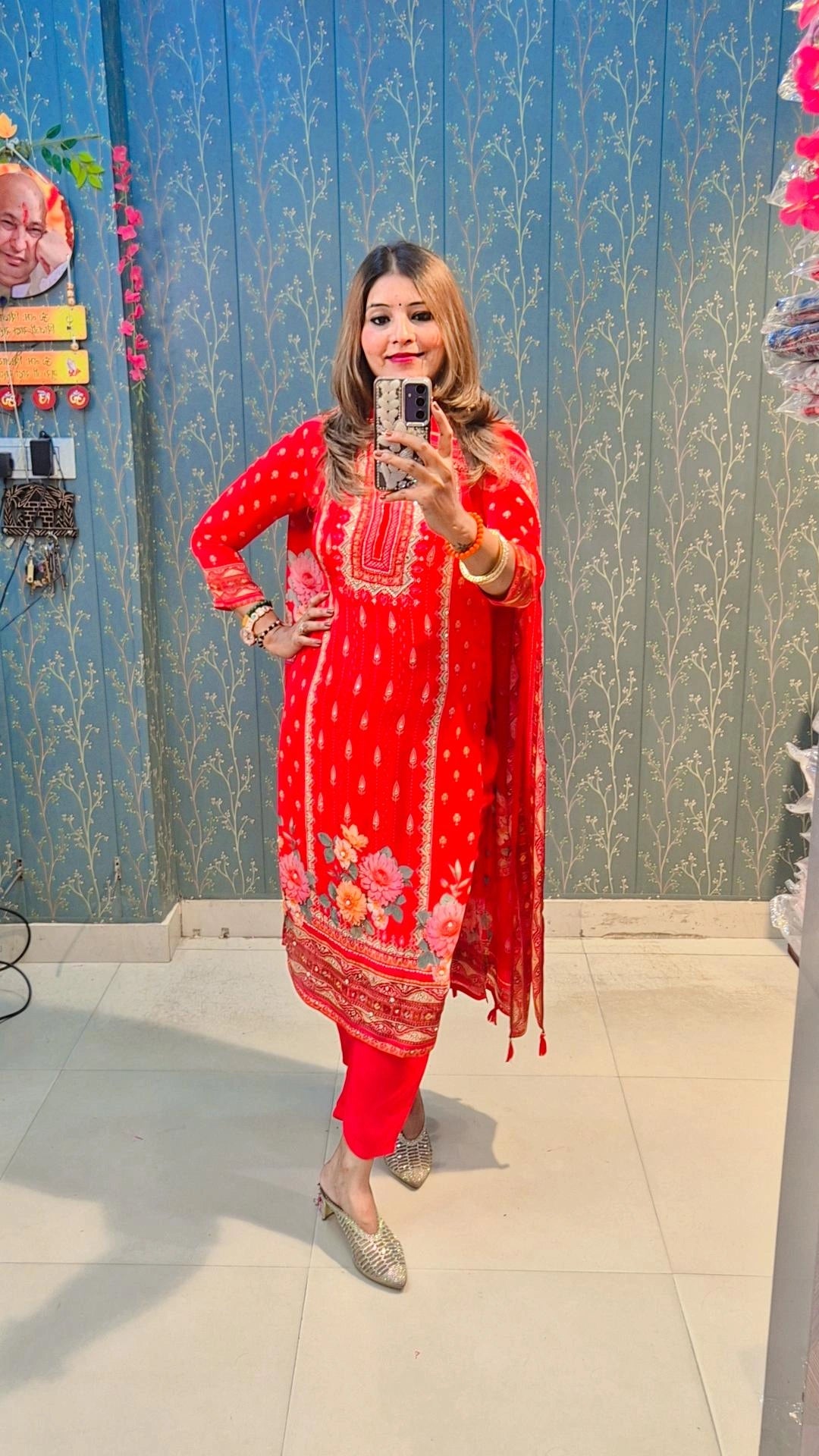 "MASTANI" PRINTED RED CREPE SUIT