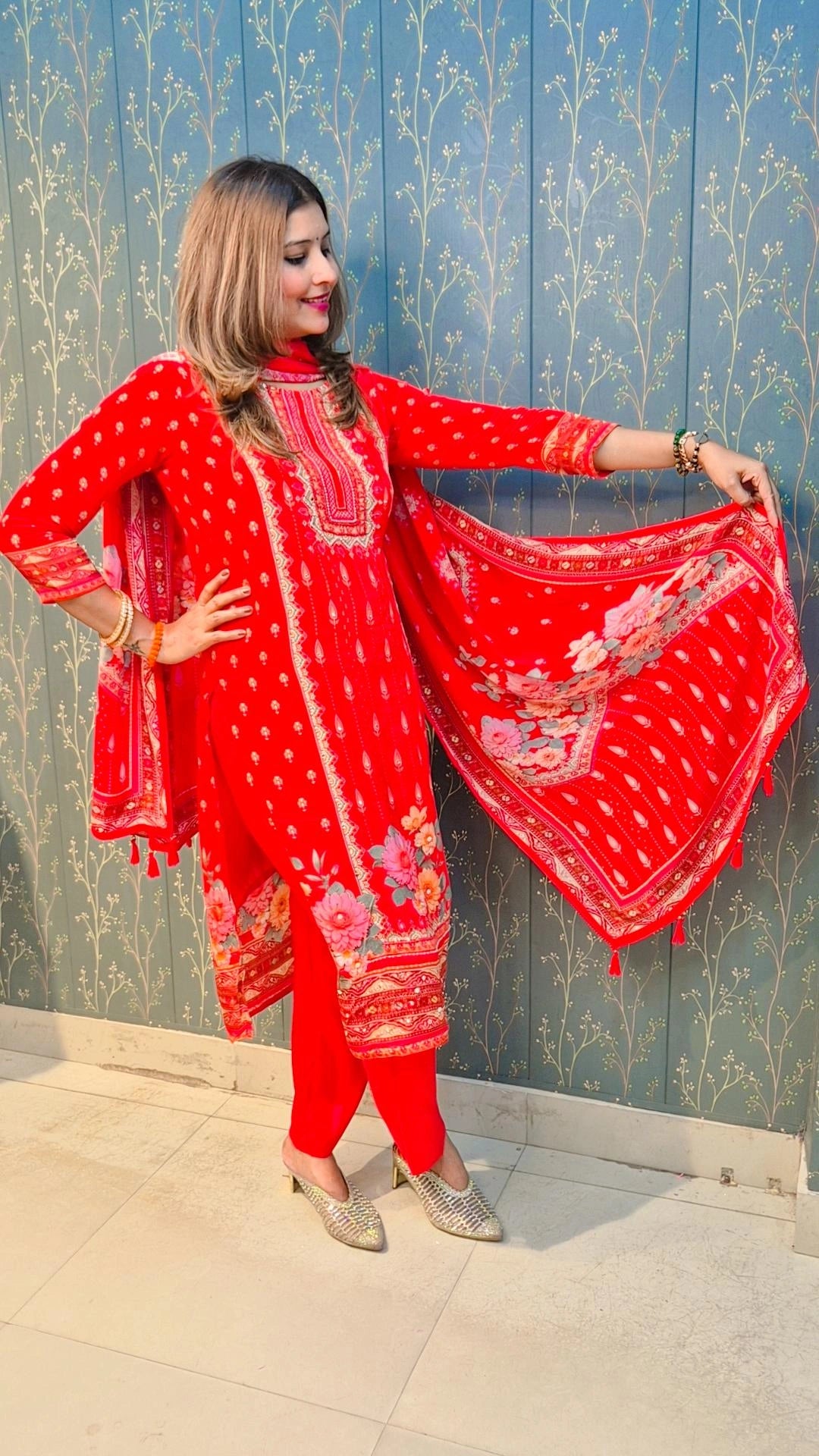 "MASTANI" PRINTED RED CREPE SUIT