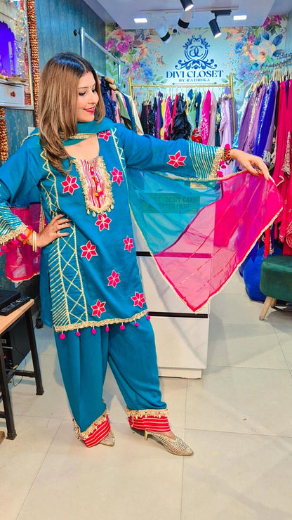 "Teal Blue Floral Punjabi Suit"