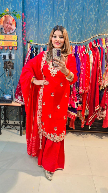 "Ruby Elegance" Embroidered Sharara Set