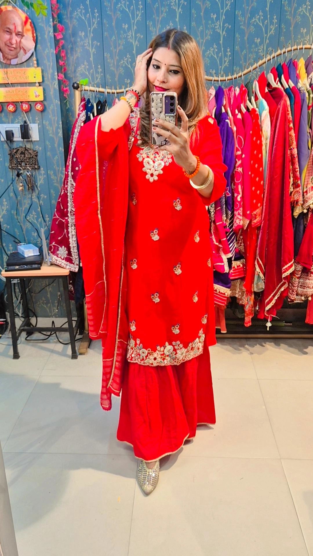 "Ruby Elegance" Embroidered Sharara Set