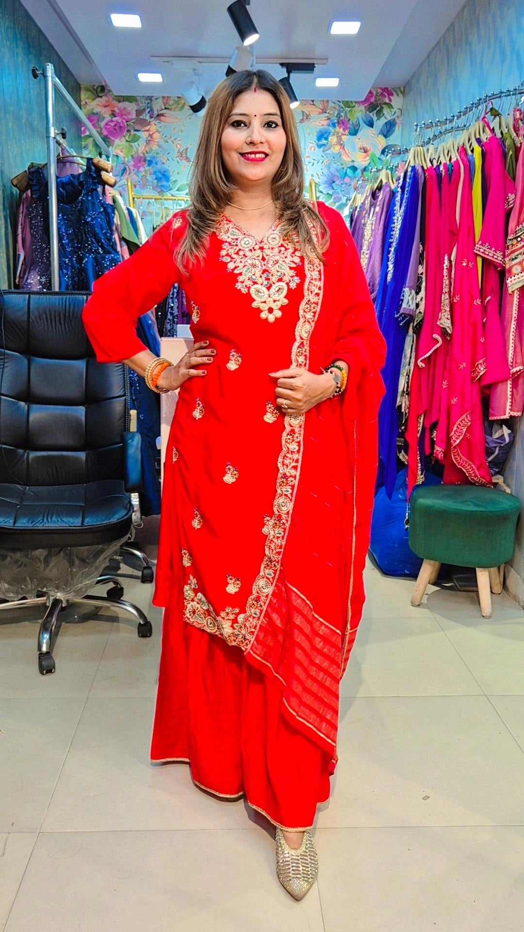 "Ruby Elegance" Embroidered Sharara Set