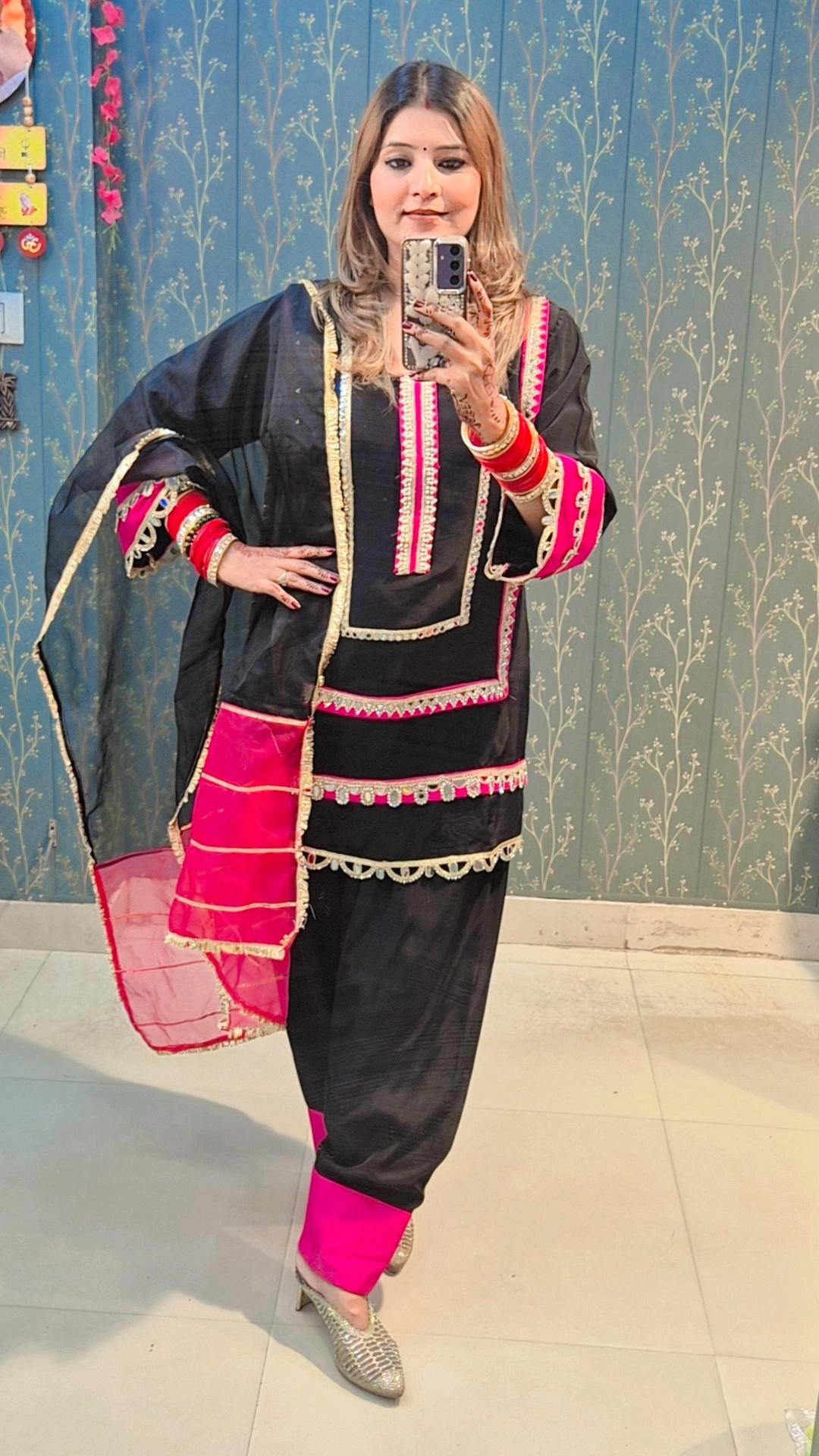 Black & Pink Mirror Work Punjabi Suit