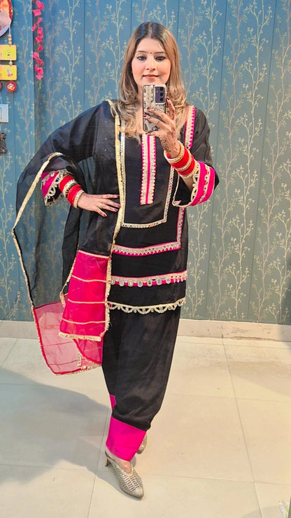 Black & Pink Mirror Work Punjabi Suit