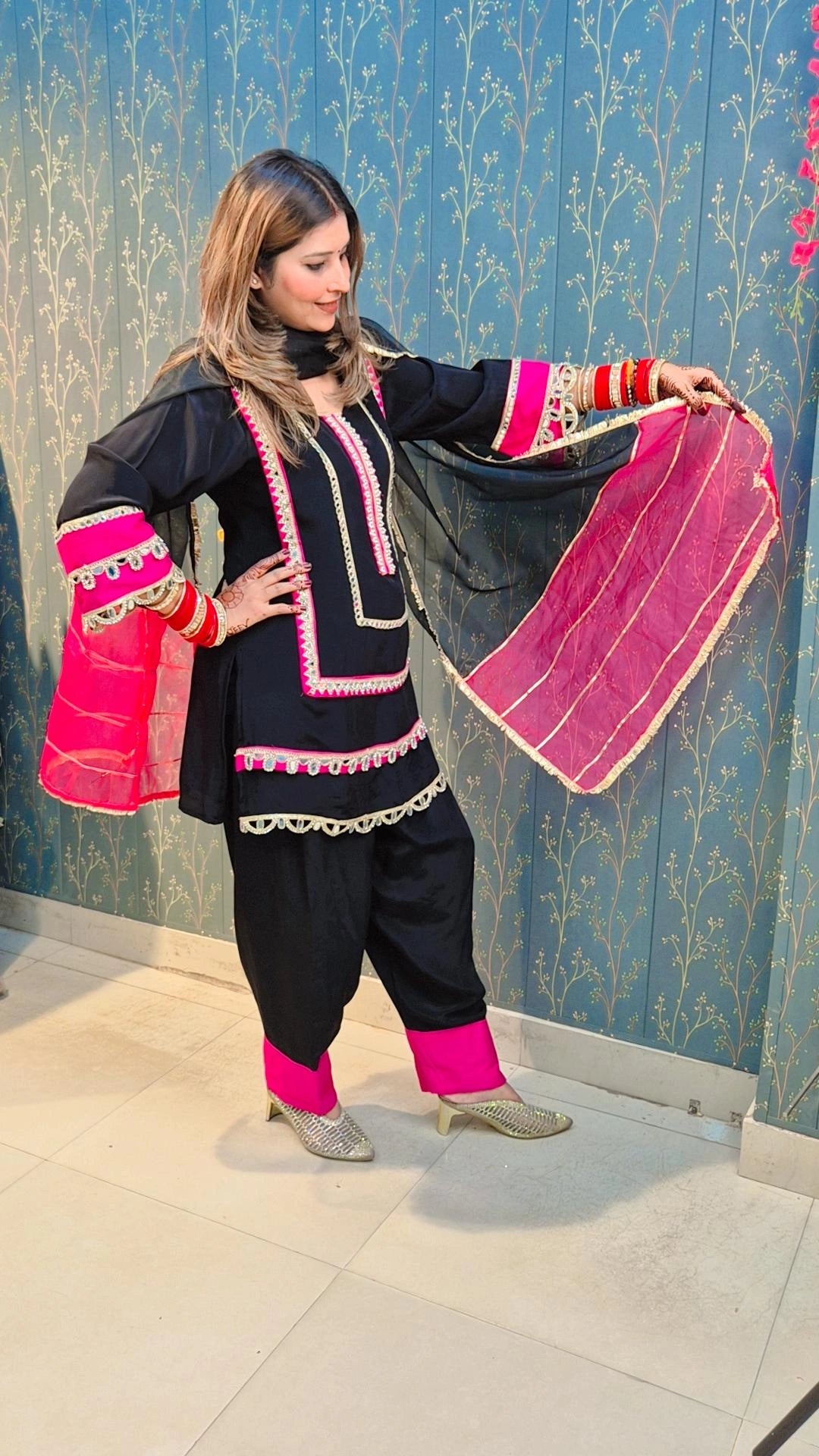 Black & Pink Mirror Work Punjabi Suit