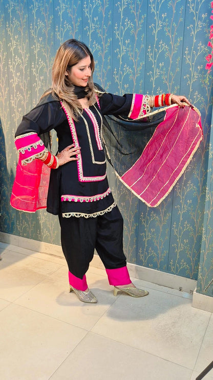 Black & Pink Mirror Work Punjabi Suit