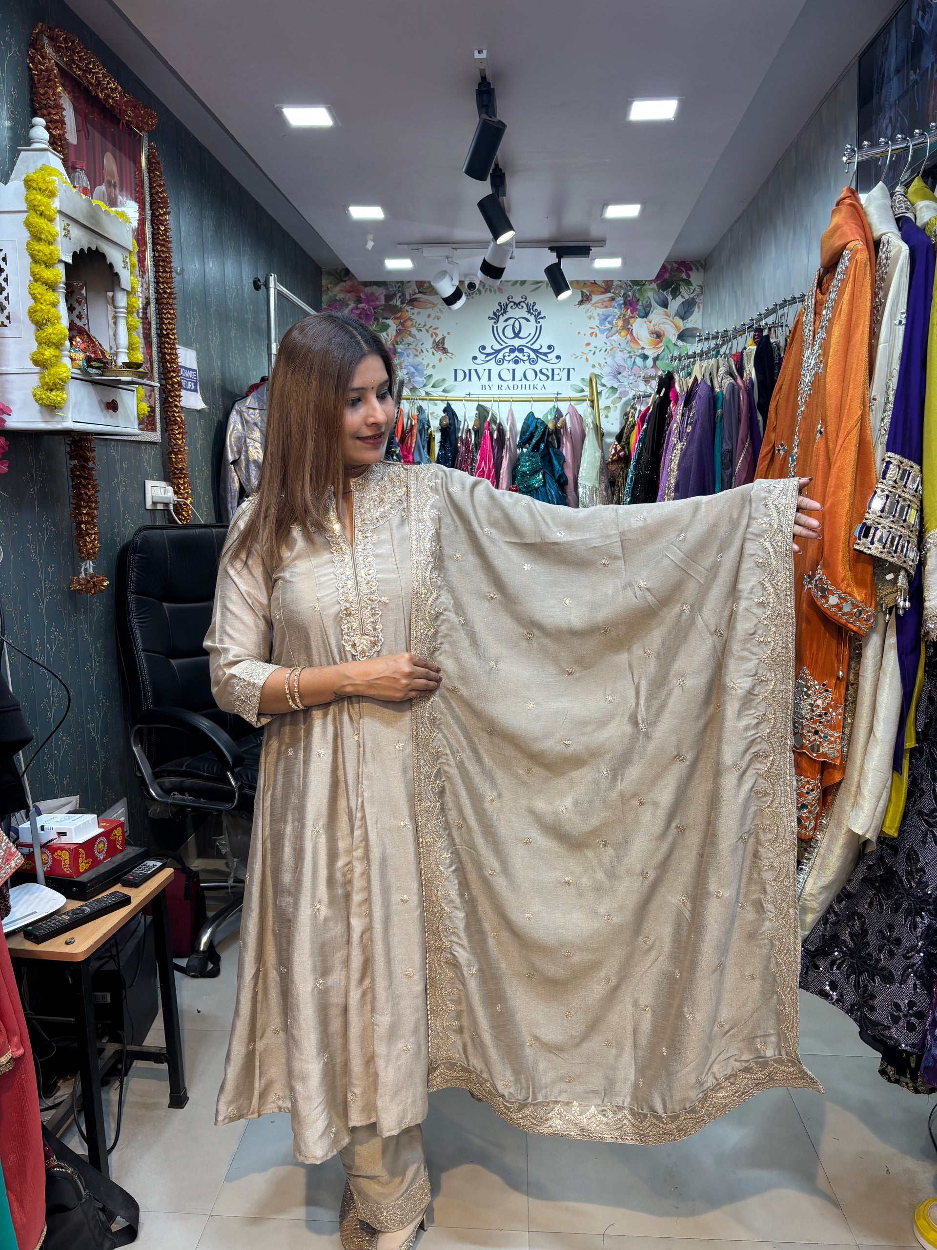 "ZEENAT" Anarkali Silk suit with Real Embroidery work