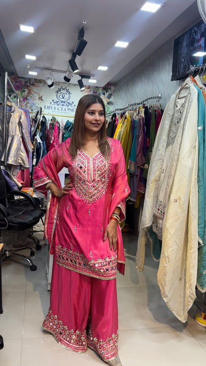 "SUNHARI" SOFT PURE  Tissue Shimmer Sharara Suit with Real Mirror Embroidery work