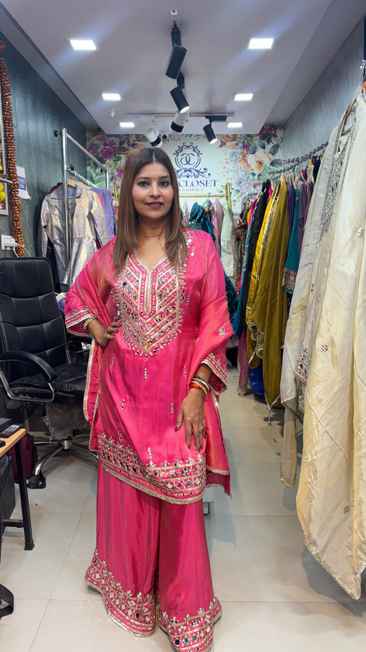 "SUNHARI" SOFT PURE  Tissue Shimmer Sharara Suit with Real Mirror Embroidery work