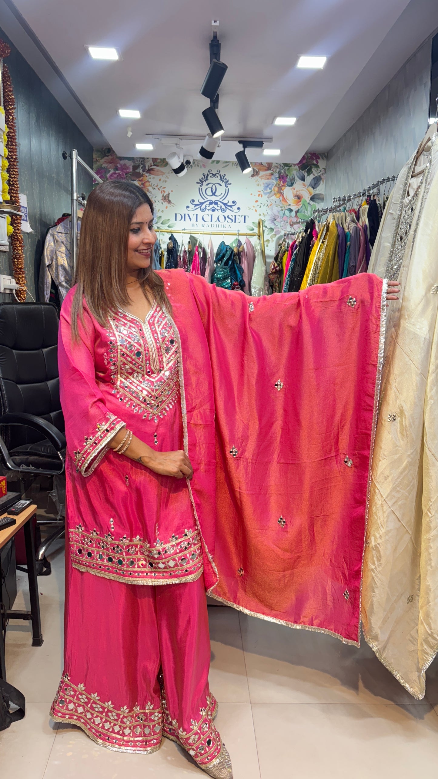 "SUNHARI" SOFT PURE  Tissue Shimmer Sharara Suit with Real Mirror Embroidery work