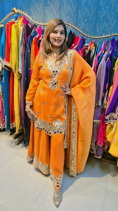 "DIVA" Mirror Embroidery Plazo Suit Set with Mirror Dupatta