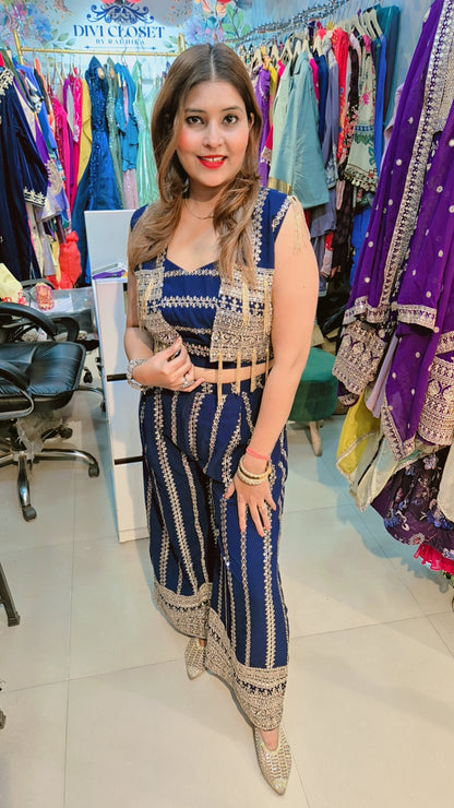 Indo-Western plazo paired with a fully embroidered designer jacket and blouse