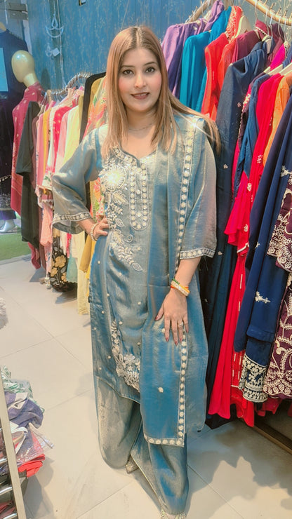 "Lavanya"  Plazo Suit Set with Hand Embroidery and Dupatta