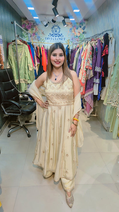 Ivory Aura Anarkali Suit With Palazzo and Dupatta