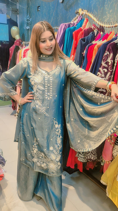 "Lavanya"  Plazo Suit Set with Hand Embroidery and Dupatta