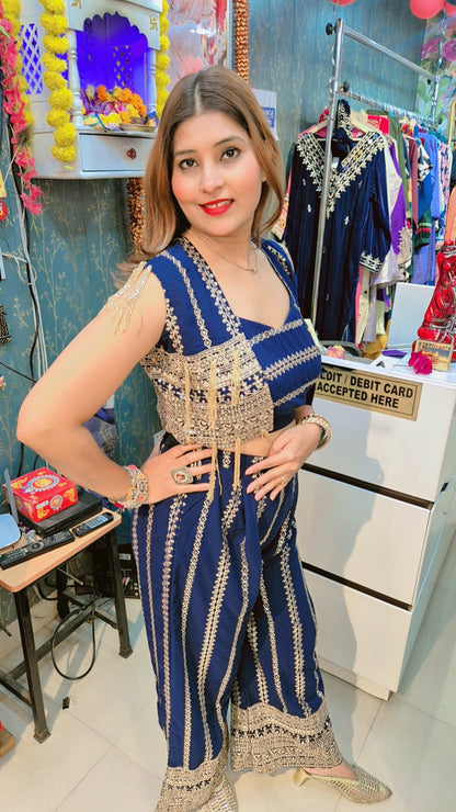 Indo-Western plazo paired with a fully embroidered designer jacket and blouse