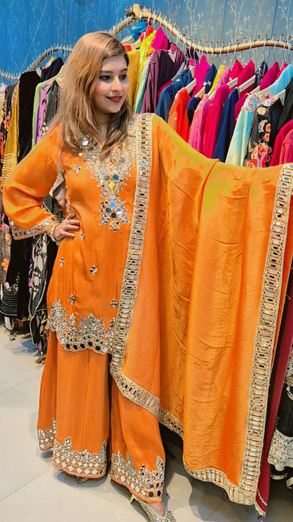 "DIVA" Mirror Embroidery Plazo Suit Set with Mirror Dupatta